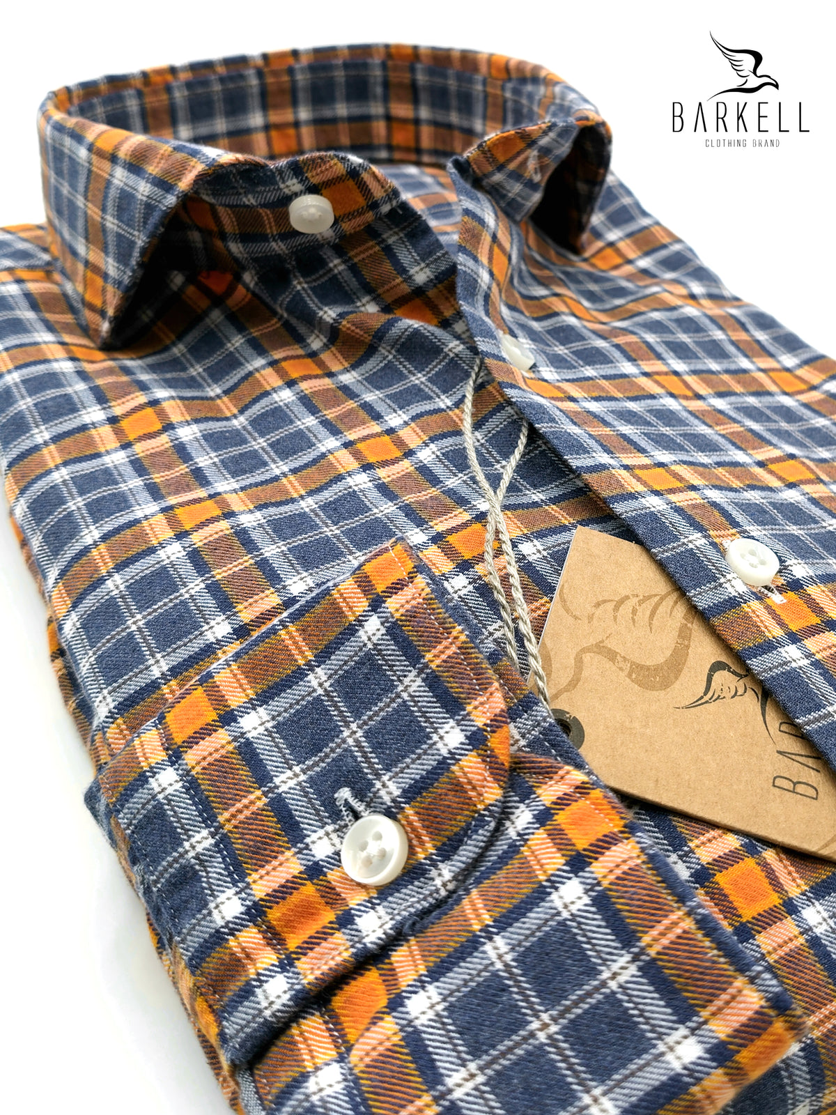 Camicia in Cotone Flanellato Quadro Blu e Arancio Fondo Blu Denim Collo Francese Cutaway