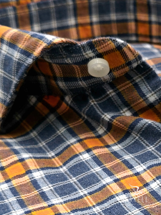 Blue and Orange Check Flannel Cotton Shirt Blue Denim Cutaway Cutaway Collar