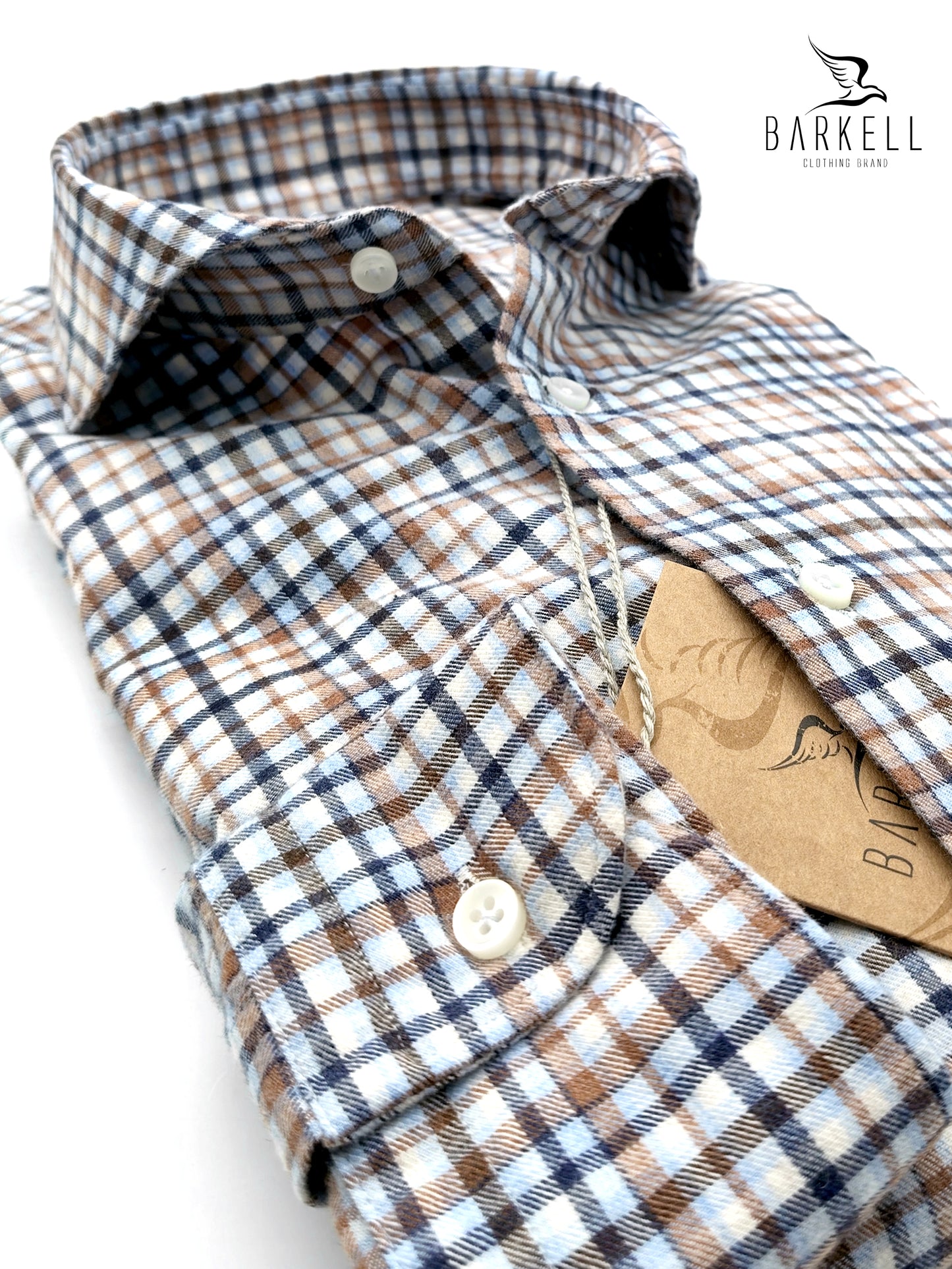 Camicia in Cotone Flanellato Quadro Multicolore Fondo Bianco Collo Francese Cutaway