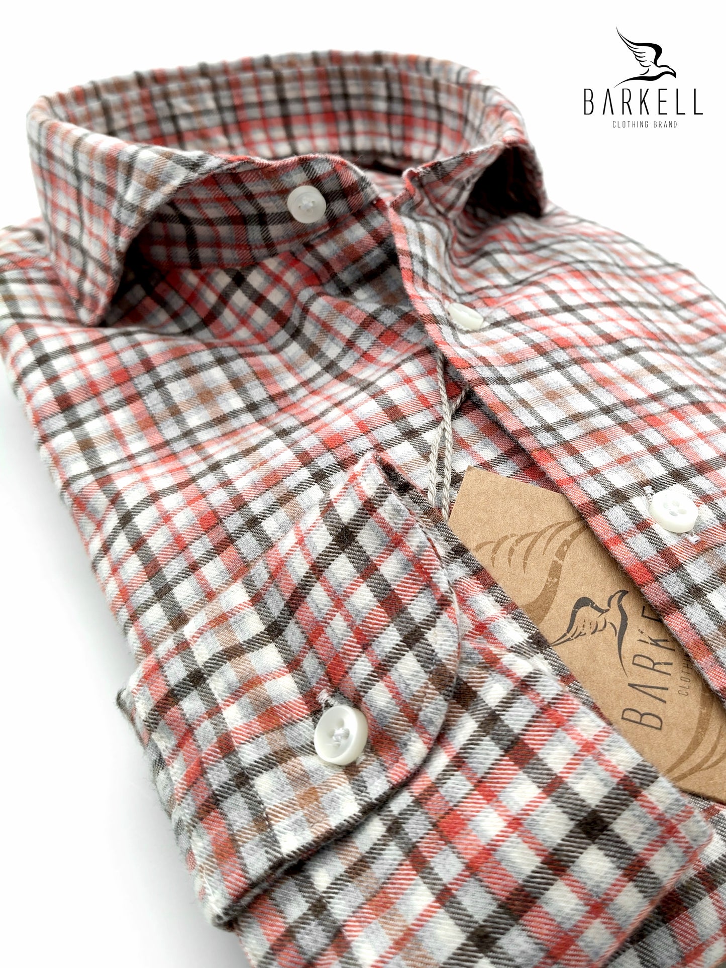 Camicia in Cotone Flanellato Quadro Multicolore Fondo Bianco Collo Francese Cutaway