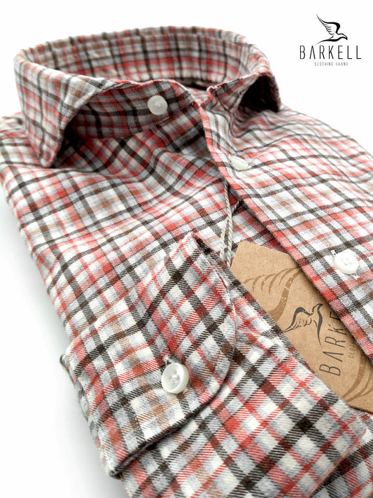 Camicia in Cotone Flanellato Quadro Multicolore Fondo Bianco Collo Francese Cutaway