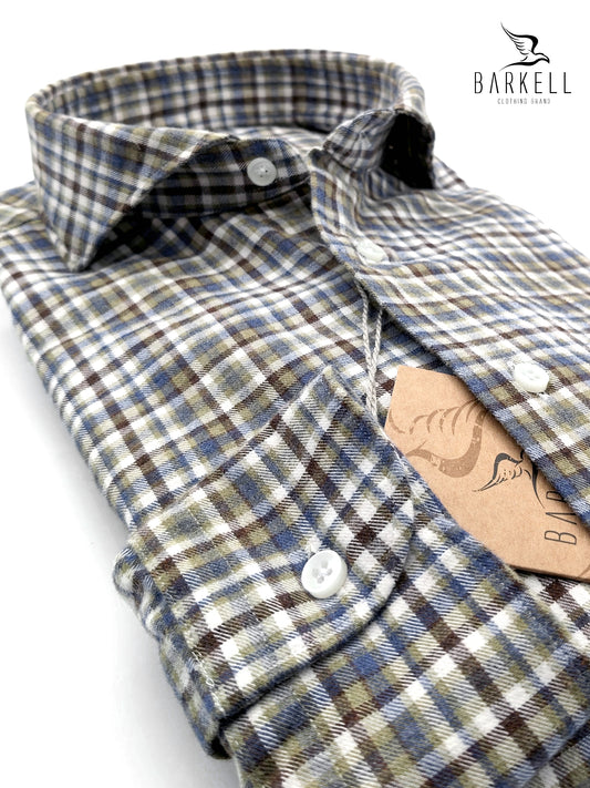 Camicia in Cotone Flanellato Quadro Multicolore Fondo Bianco Collo Francese Cutaway