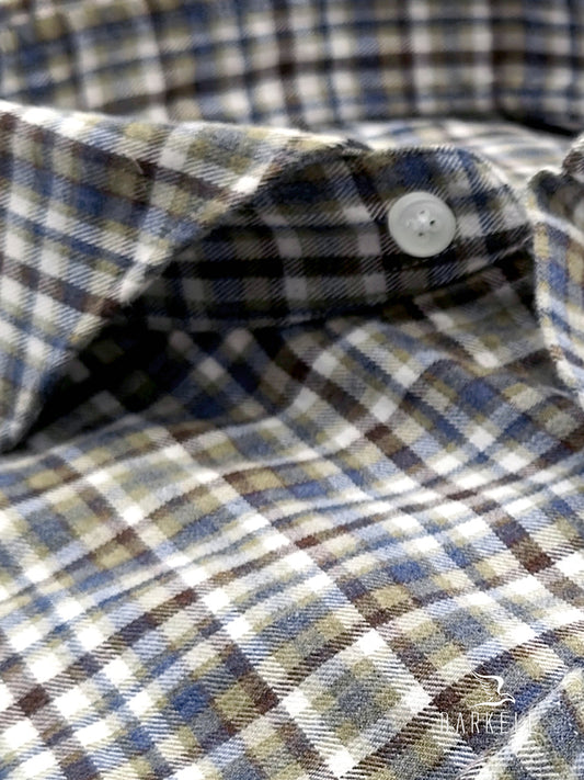 Multicolored checked flannel cotton shirt with ivory background, cutaway spread collar