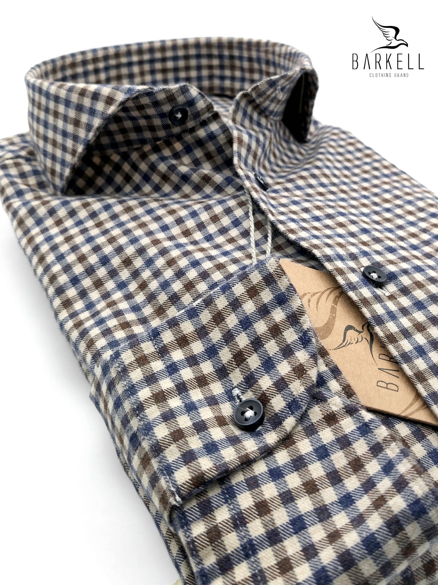 Camicia in Cotone Flanellato Quadro Blu e Marrone Fondo Sabbia Collo Francese Cutaway