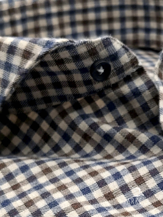 Multicolored checked flannel cotton shirt with ivory background, cutaway spread collar