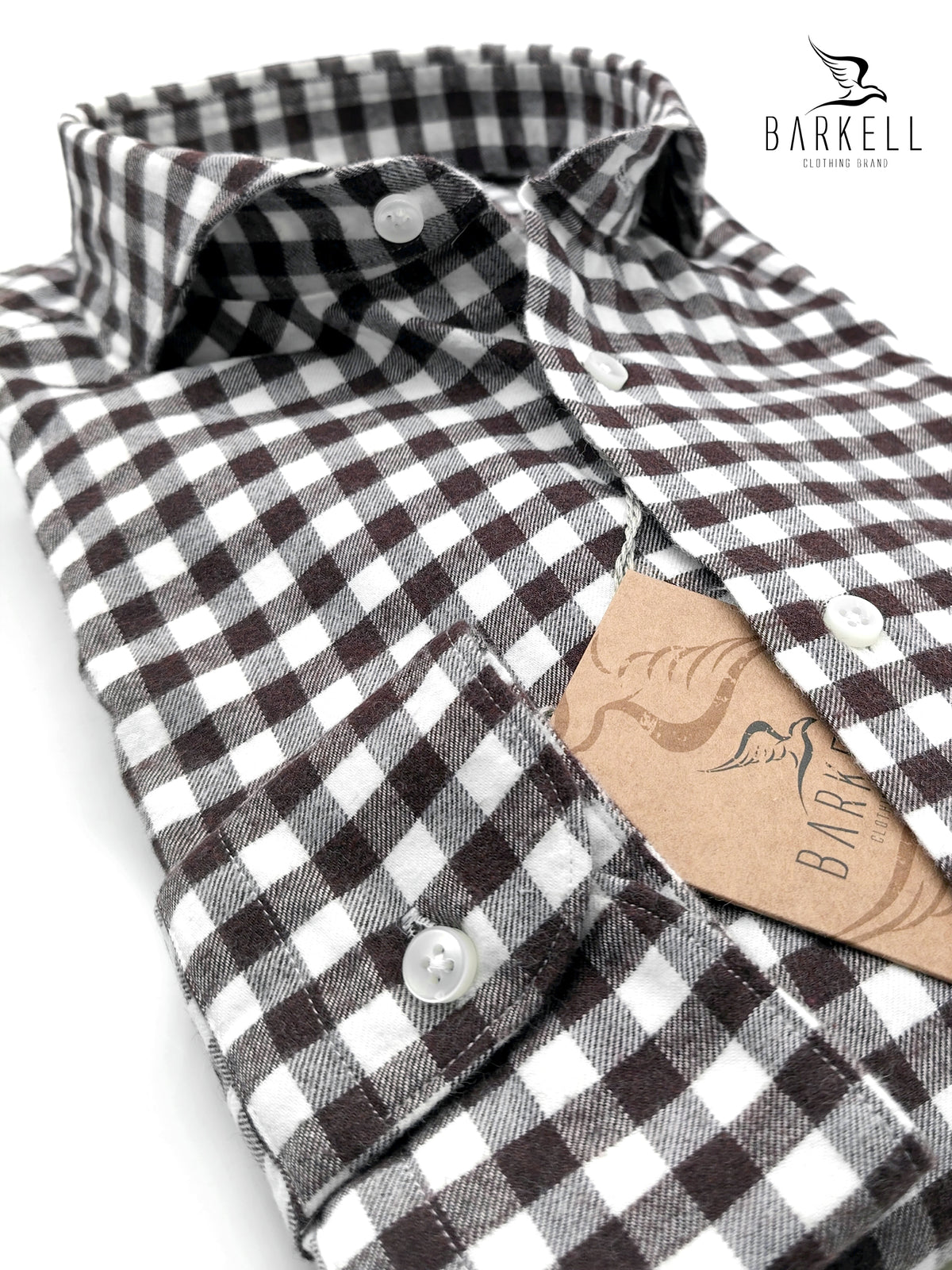 Blue and Sand Checked Flannel Cotton Shirt with Beige Bottom Cutaway Spread Collar