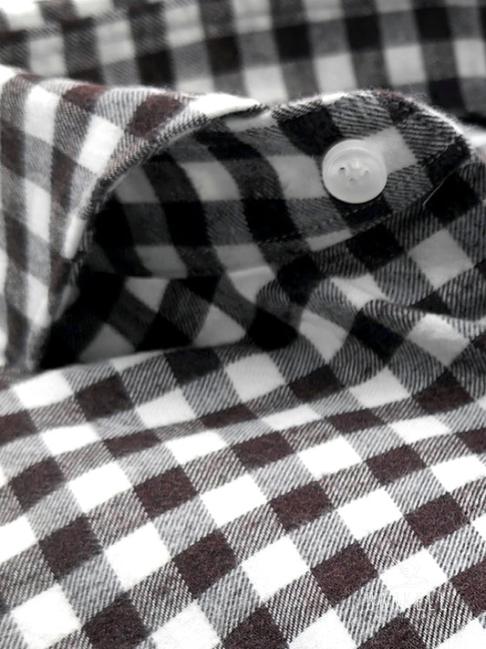 Heavy Flannel Cotton Shirt Brown Check White Background Cutaway Spread Collar