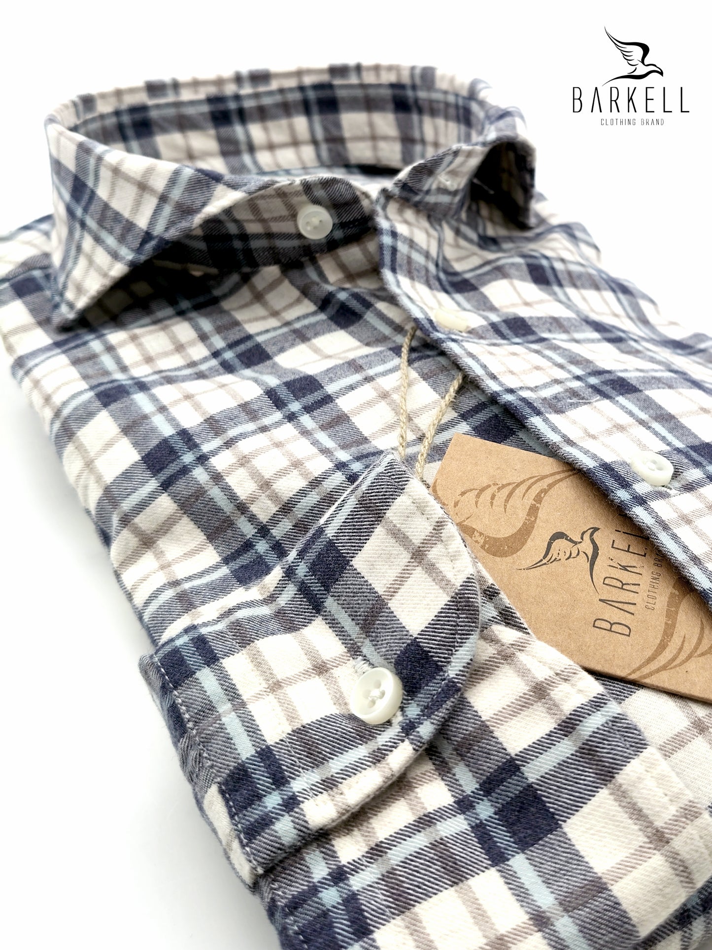 Camicia in Cotone Flanellato Quadro Multicolore Fondo Avorio Collo Francese Cutaway