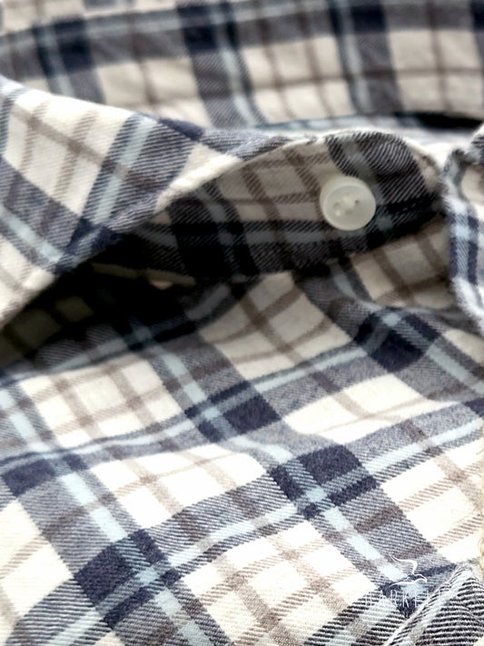 Multicolored checked flannel cotton shirt with ivory background, cutaway spread collar