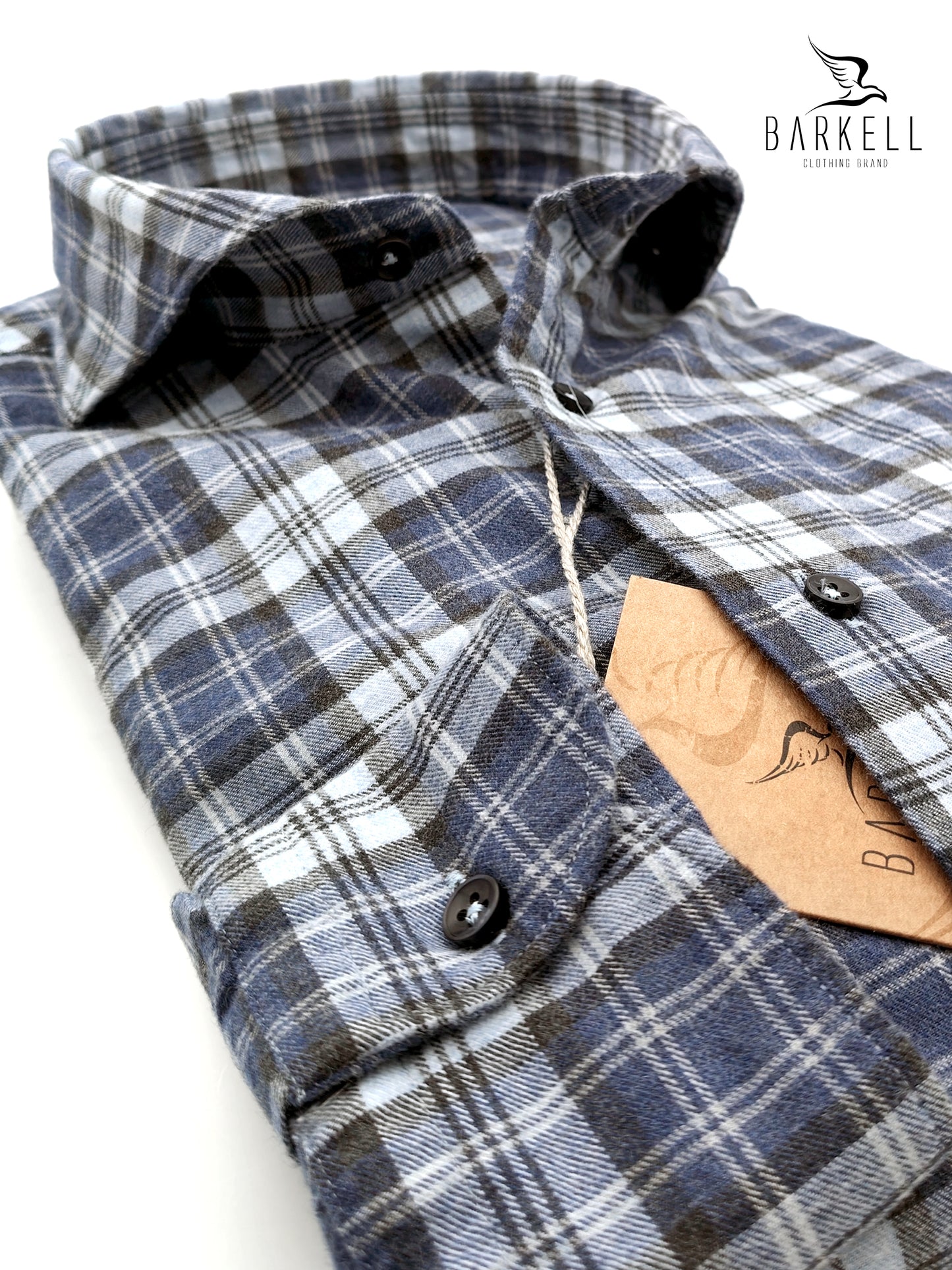Camicia in Cotone Flanellato Quadro Multicolore Fondo Blu Collo Francese Cutaway