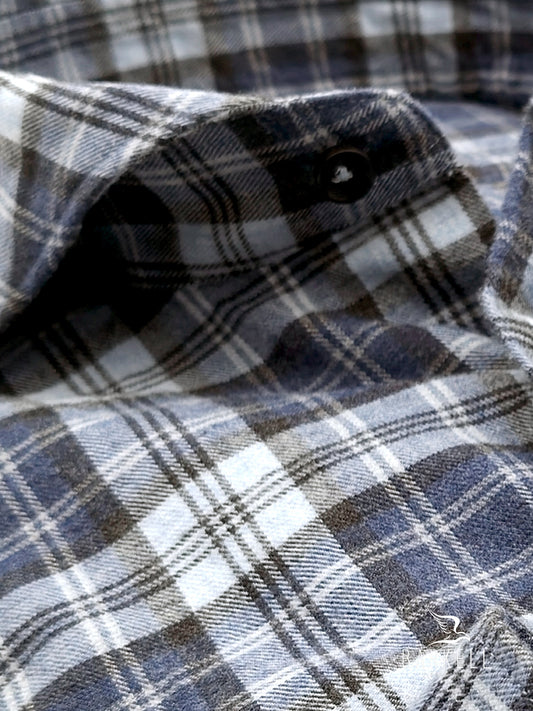 Multicolored checked flannel cotton shirt with ivory background, cutaway spread collar
