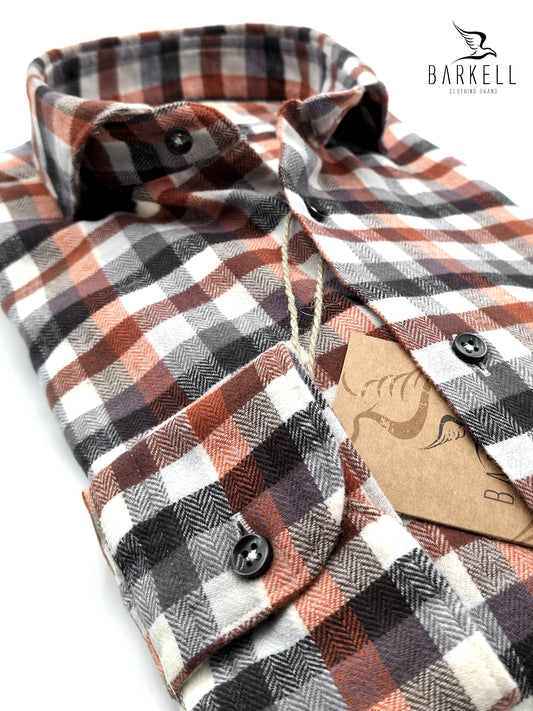 Heavy Flannel Cotton Shirt Gray and Coral Check White Background Cutaway Spread Collar