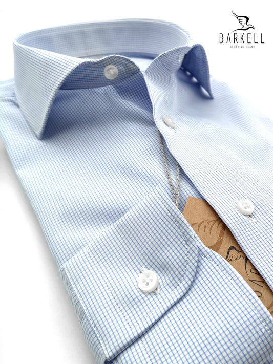 Camicia in Cotone No Stiro Quadrettino Celeste Fondo Bianco Collo Francese