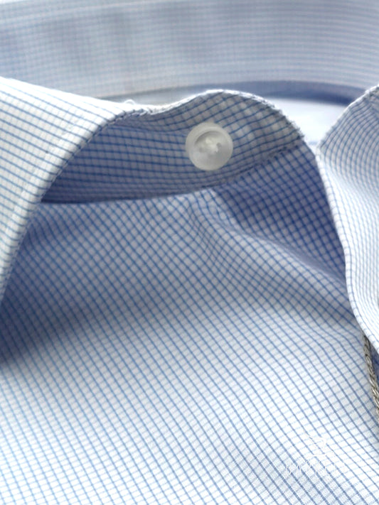 Camicia in Cotone No Stiro Quadrettino Celeste Fondo Bianco Collo Francese