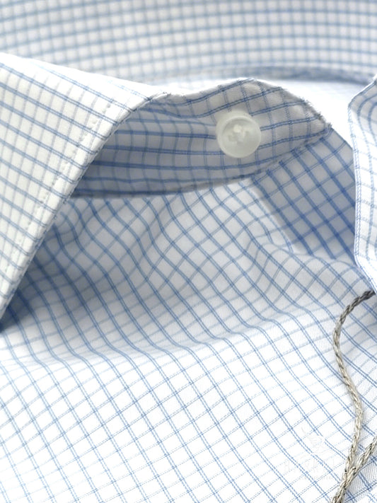 No-Iron Cotton Shirt with Blue Check and White Background with French Collar
