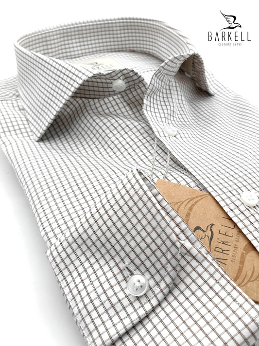 Camicia in Cotone Quadretto Marrone Fondo Bianco Collo Francese