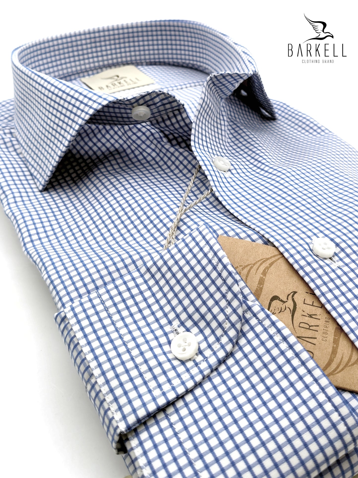 Camicia in Cotone No Stiro Quadretto Azzurro Fondo Bianco Collo Francese