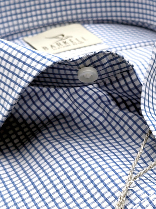 No-Iron Cotton Shirt with Blue Check and White Background with French Collar