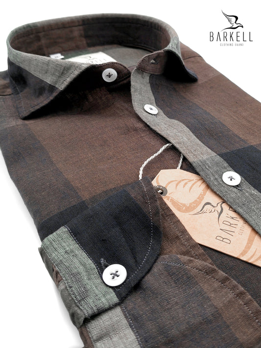 Camicia in Puro Lino Quadrone Multicolor Fondo Marrone Collo Francese Piccolo