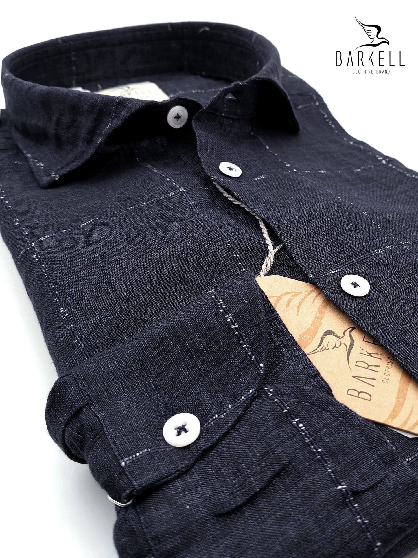 Camicia in Puro Lino Quadro Bianco Fondo Blu Collo Francese Piccolo