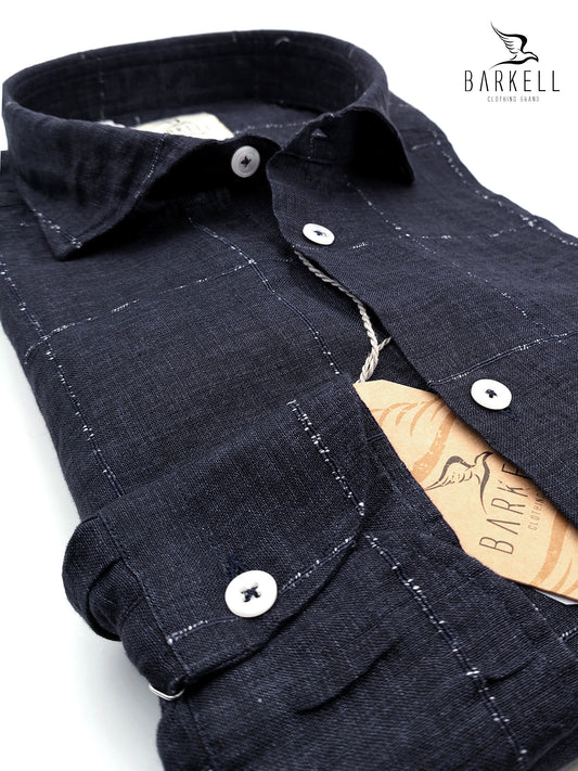 Camicia in Puro Lino Quadro Bianco Fondo Blu Collo Francese Piccolo