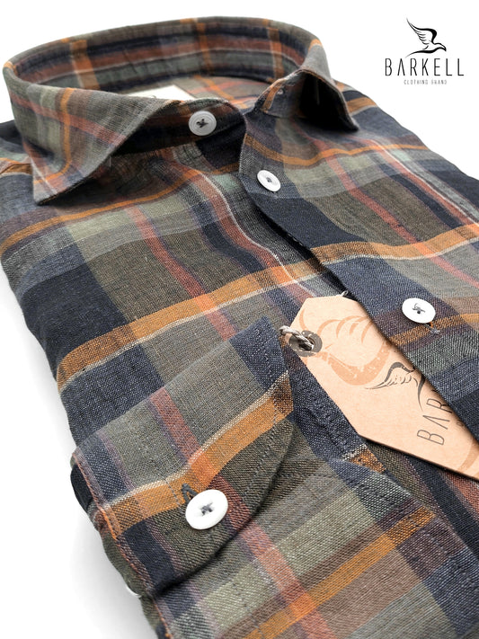 Camicia in Puro Lino Quadro Multicolor Fondo Fango Collo Francese Piccolo