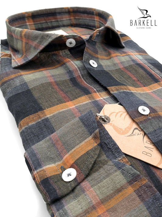 Camicia in Puro Lino Quadro Multicolor Fondo Fango Collo Francese Piccolo