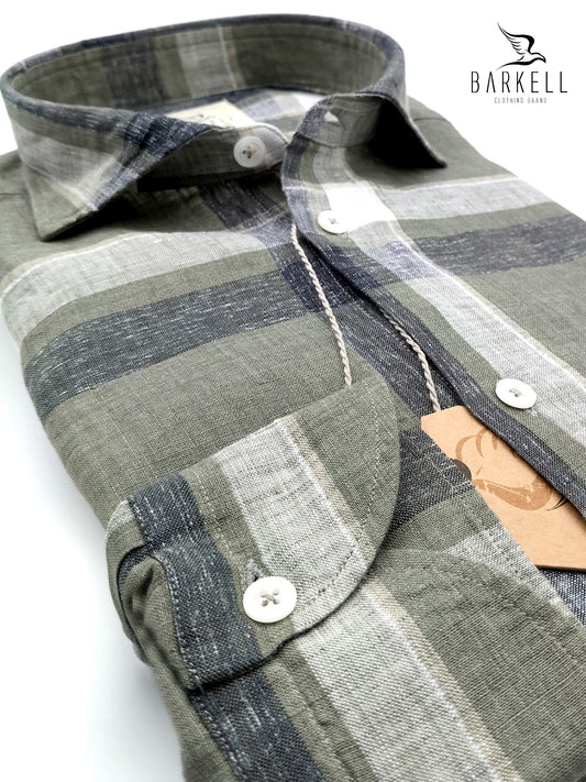 Camicia in Puro Lino Quadrone Grigio e Gesso Fondo Salvia Collo Francese Piccolo