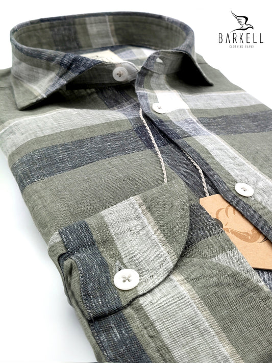 Camicia in Puro Lino Quadrone Grigio e Gesso Fondo Salvia Collo Francese Piccolo