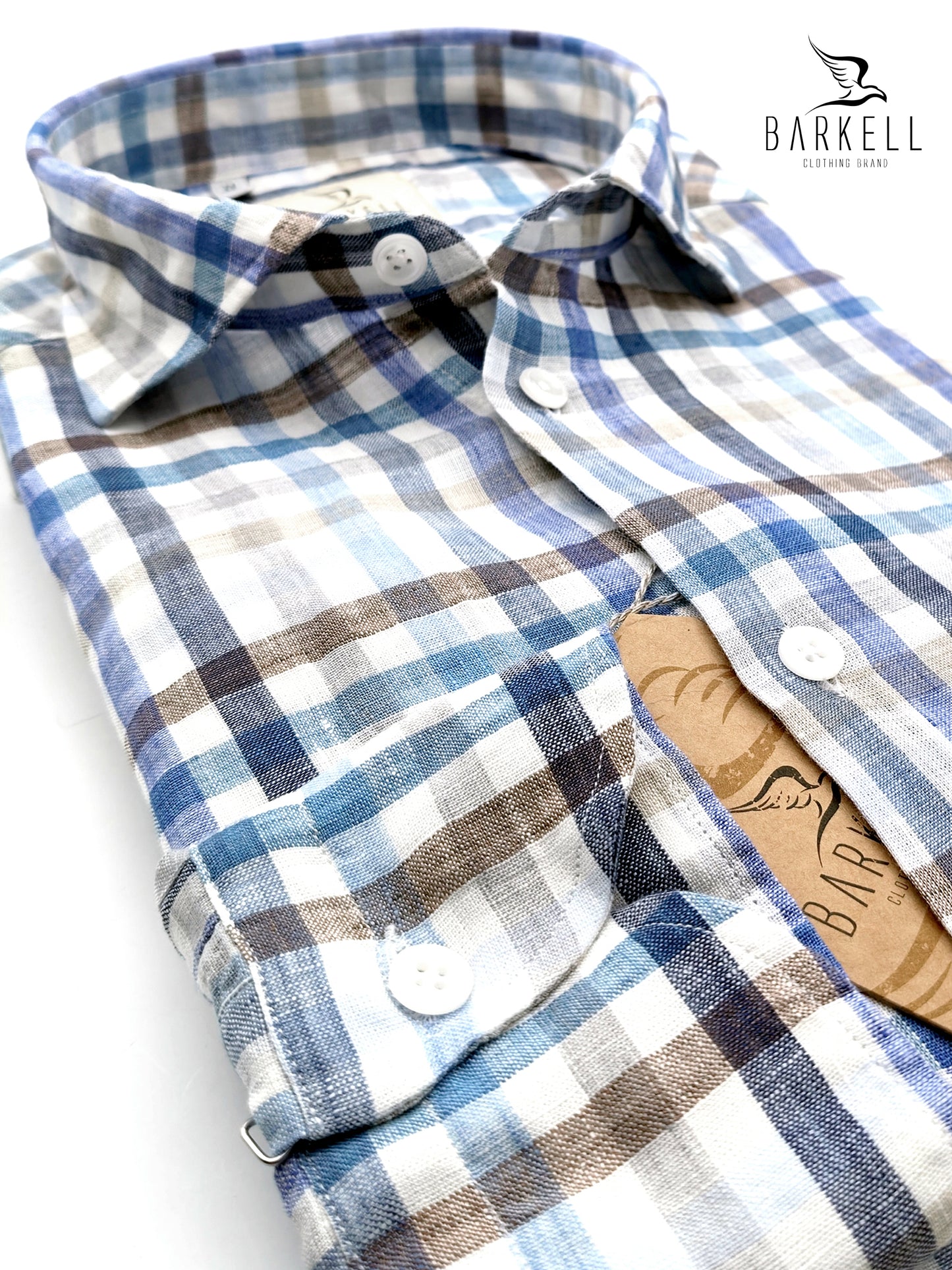 Camicia in Puro Lino Quadro Blu e Nocciola Fondo Bianco Collo Francese Piccolo