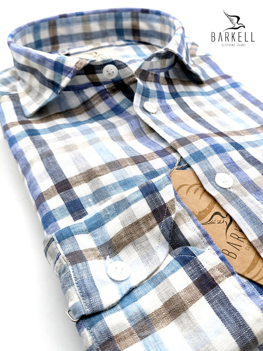 Camicia in Puro Lino Quadro Blu e Nocciola Fondo Bianco Collo Francese Piccolo