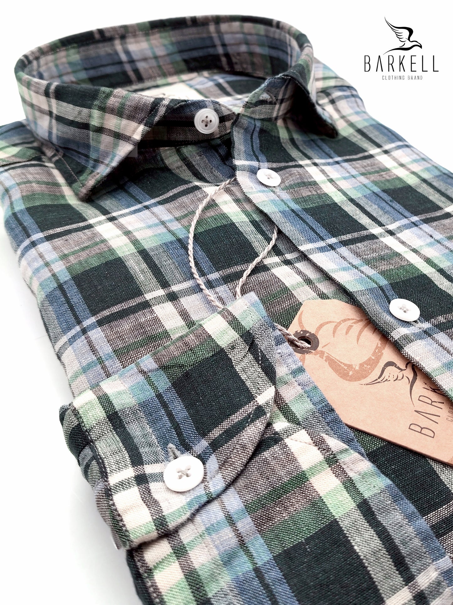 Camicia in Puro Lino Quadro Azzurro e Sabbia Fondo Verdone Collo Francese Piccolo