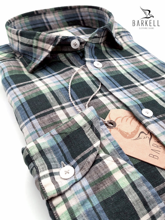 Camicia in Puro Lino Quadro Azzurro e Sabbia Fondo Verdone Collo Francese Piccolo