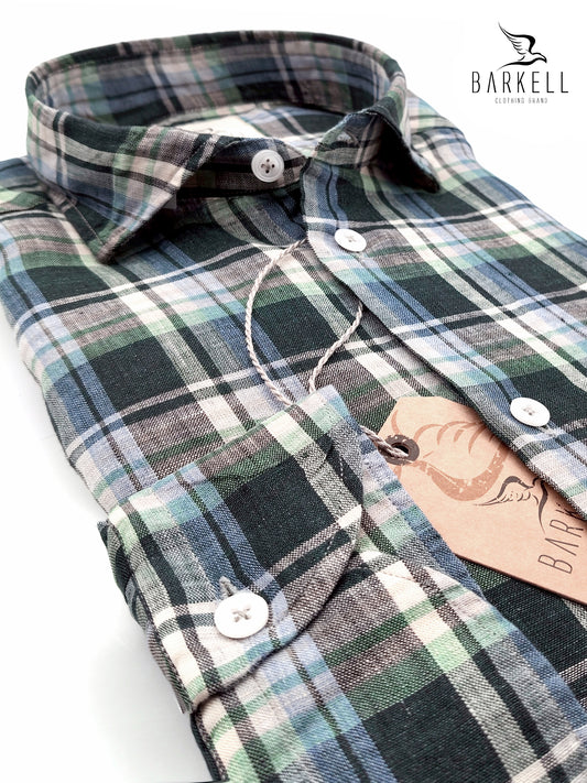 Camicia in Puro Lino Quadro Azzurro e Sabbia Fondo Verdone Collo Francese Piccolo