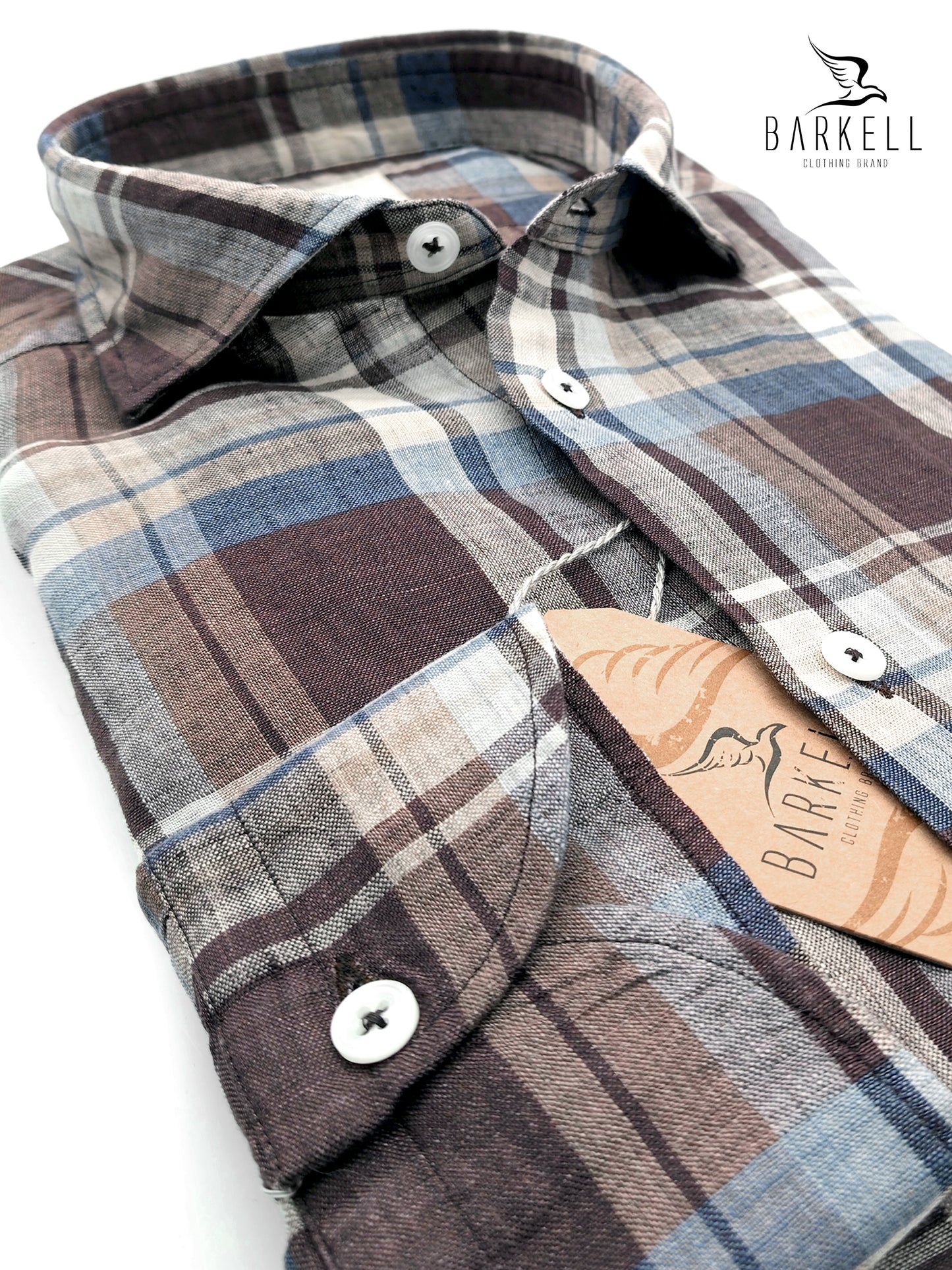 Camicia in Puro Lino Quadro Azzurro e Gesso Fondo Marrone Collo Francese Piccolo