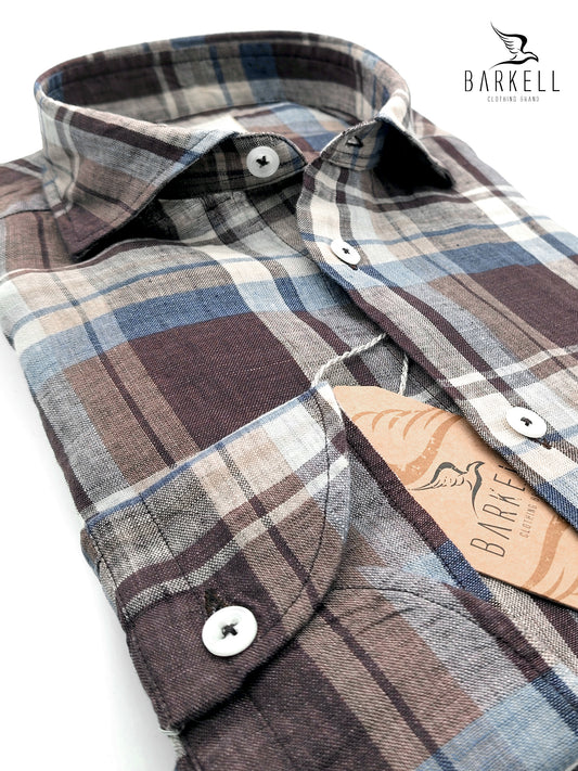 Camicia in Puro Lino Quadro Azzurro e Gesso Fondo Marrone Collo Francese Piccolo