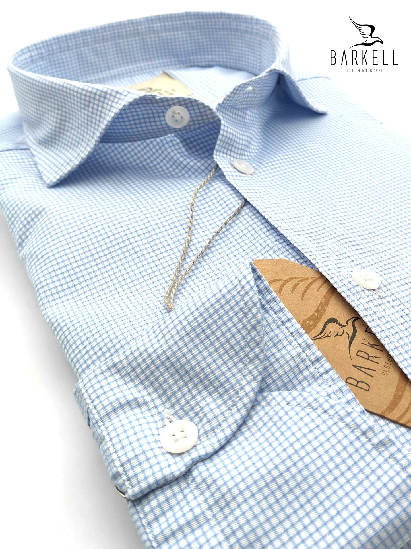 Camicia in Cotone Quadrettino AzzurroFondo Bianco Collo Francese Piccolo