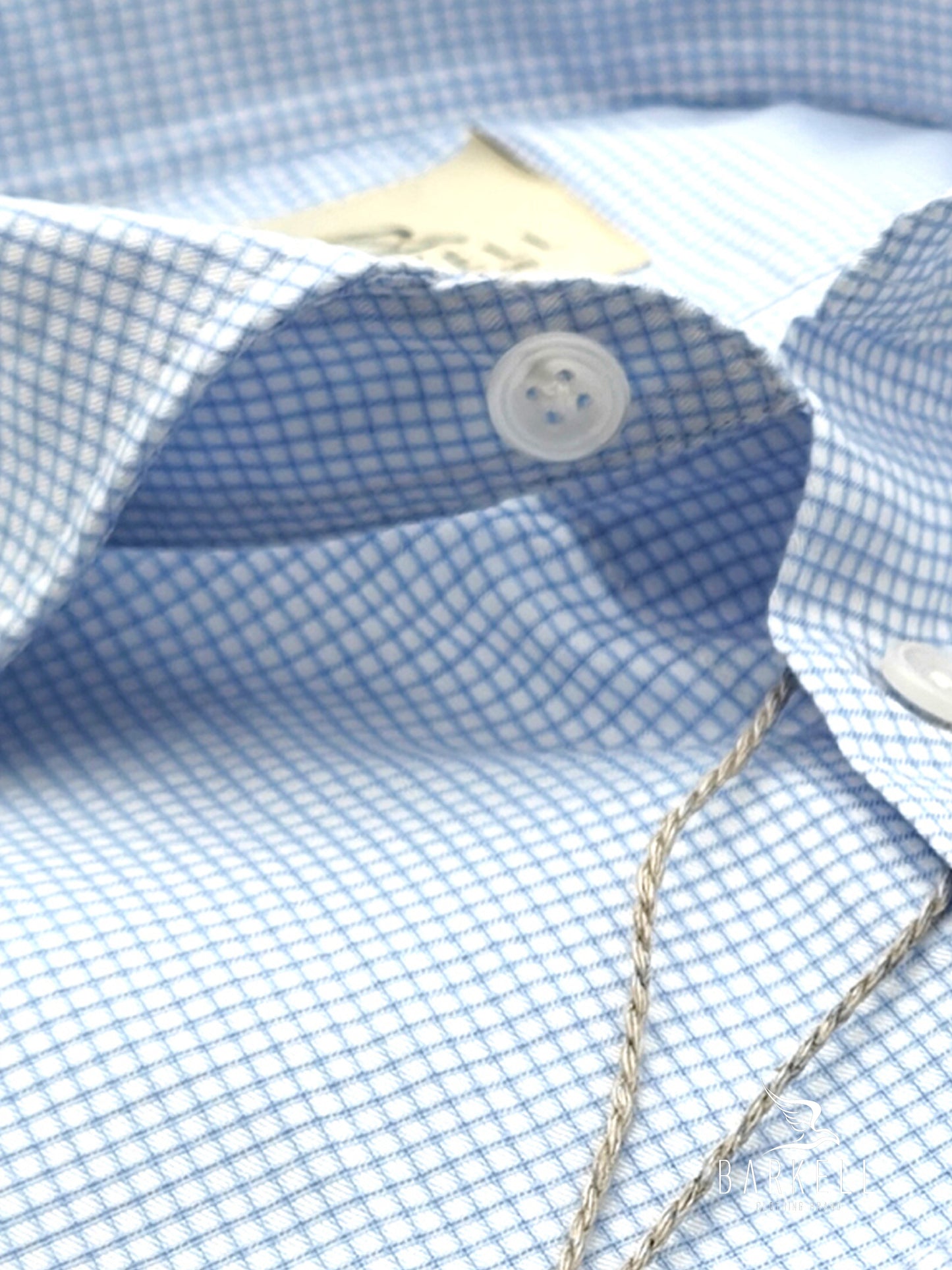 Camicia in Cotone Quadrettino AzzurroFondo Bianco Collo Francese Piccolo