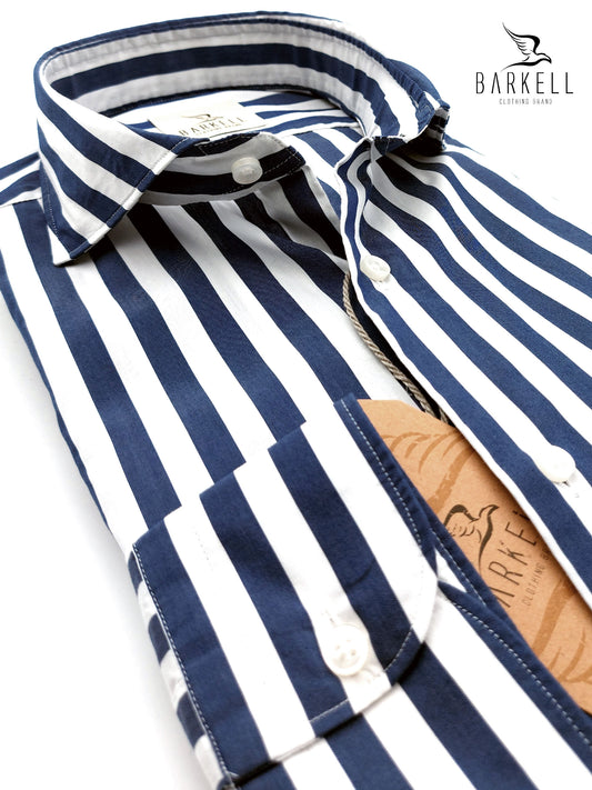 Camicia in Cotone Rigata Blu e Bianco Collo Francese Cutaway
