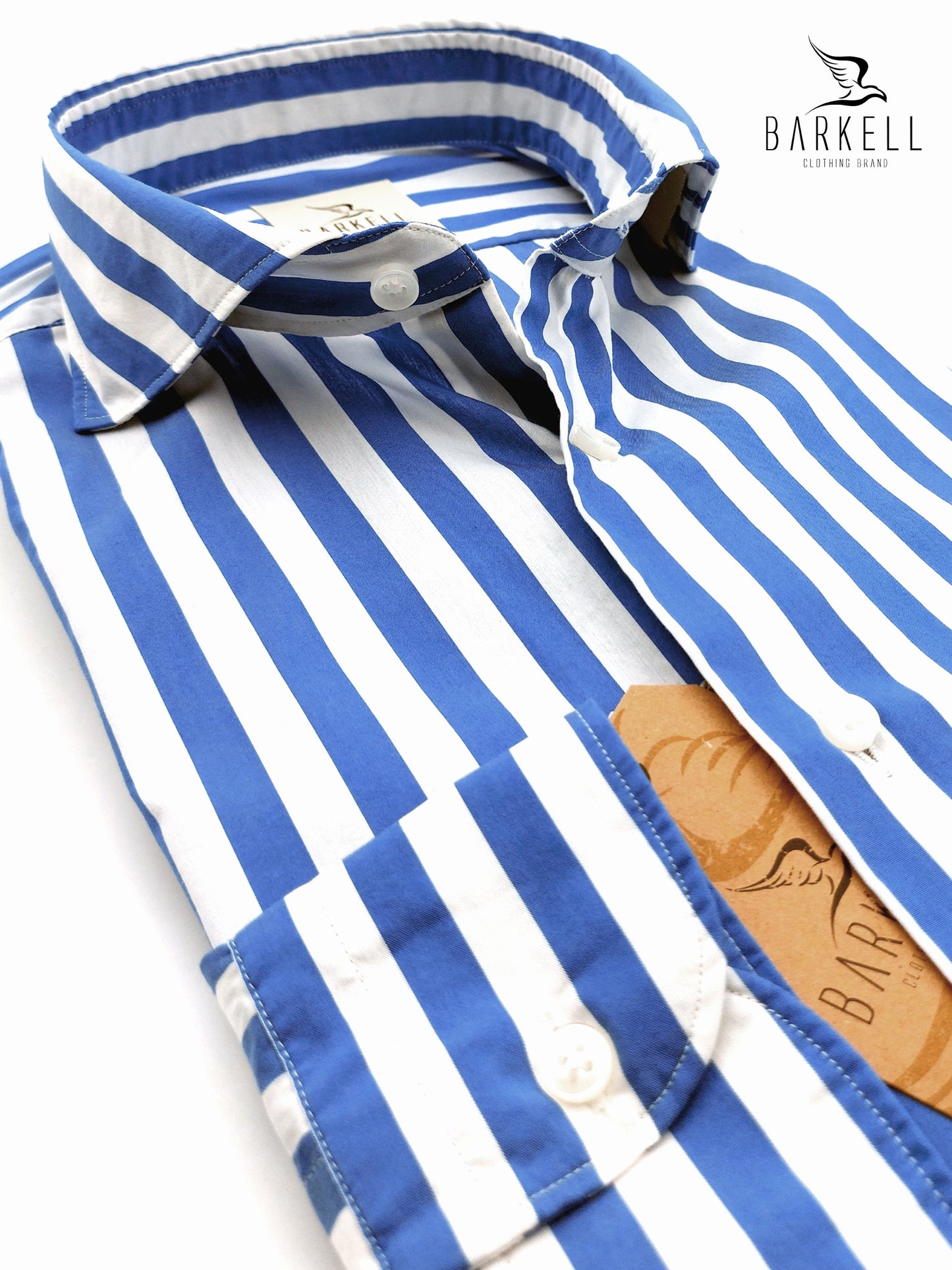 Camicia in Cotone Rigata Azzurro e Bianco Collo Francese Cutaway