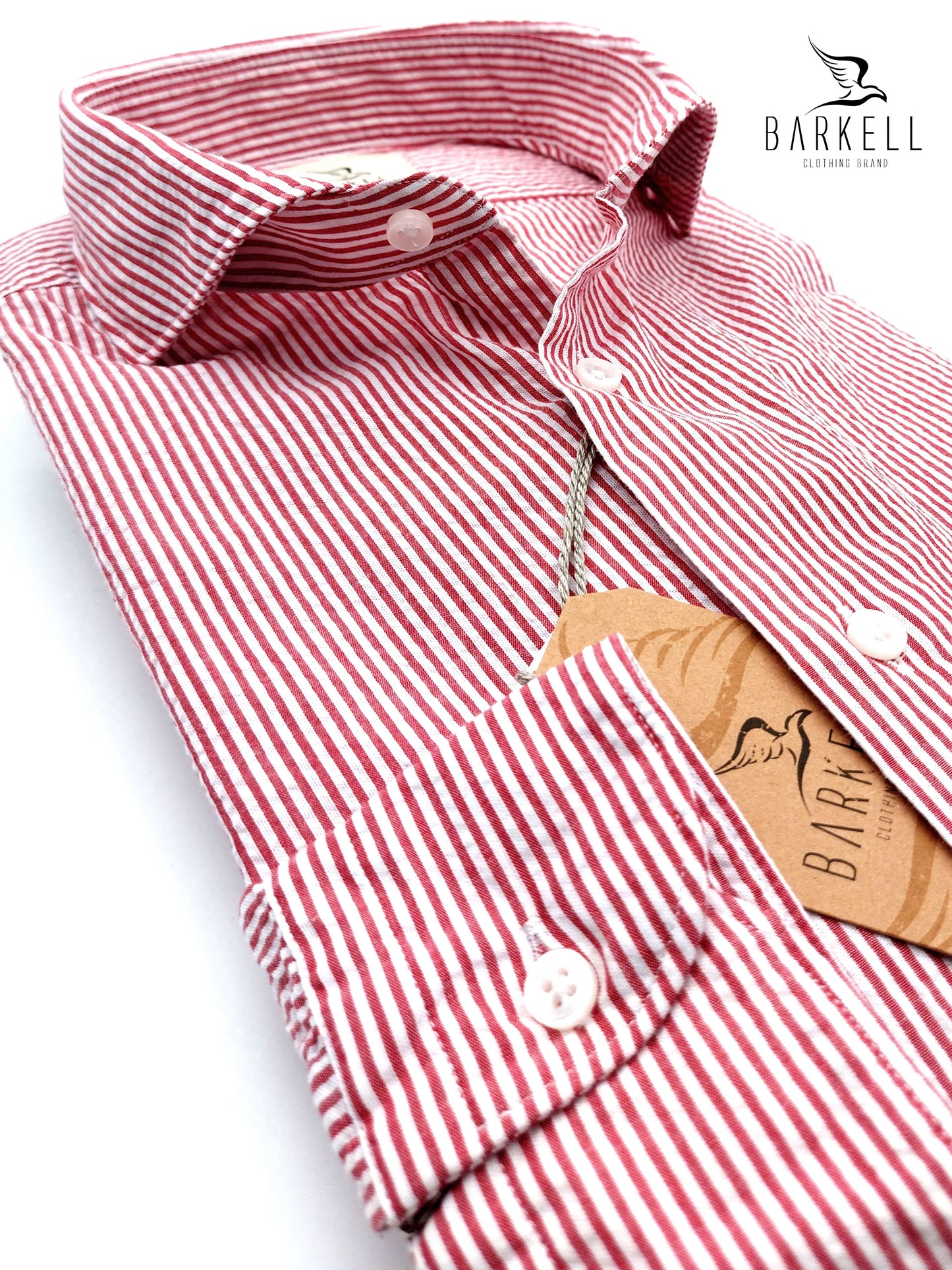 Camicia in Cotone Seersucker Rigata Rosso e Bianco Collo Francese Cutaway