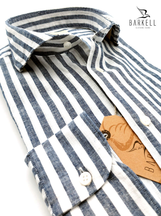 Camicia in Misto Lino Rigato Bianco e Blu Collo Francese Cutaway