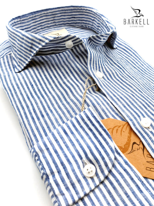 Camicia in Puro Lino Rigato Bianco e Blu Collo Francese Cutaway