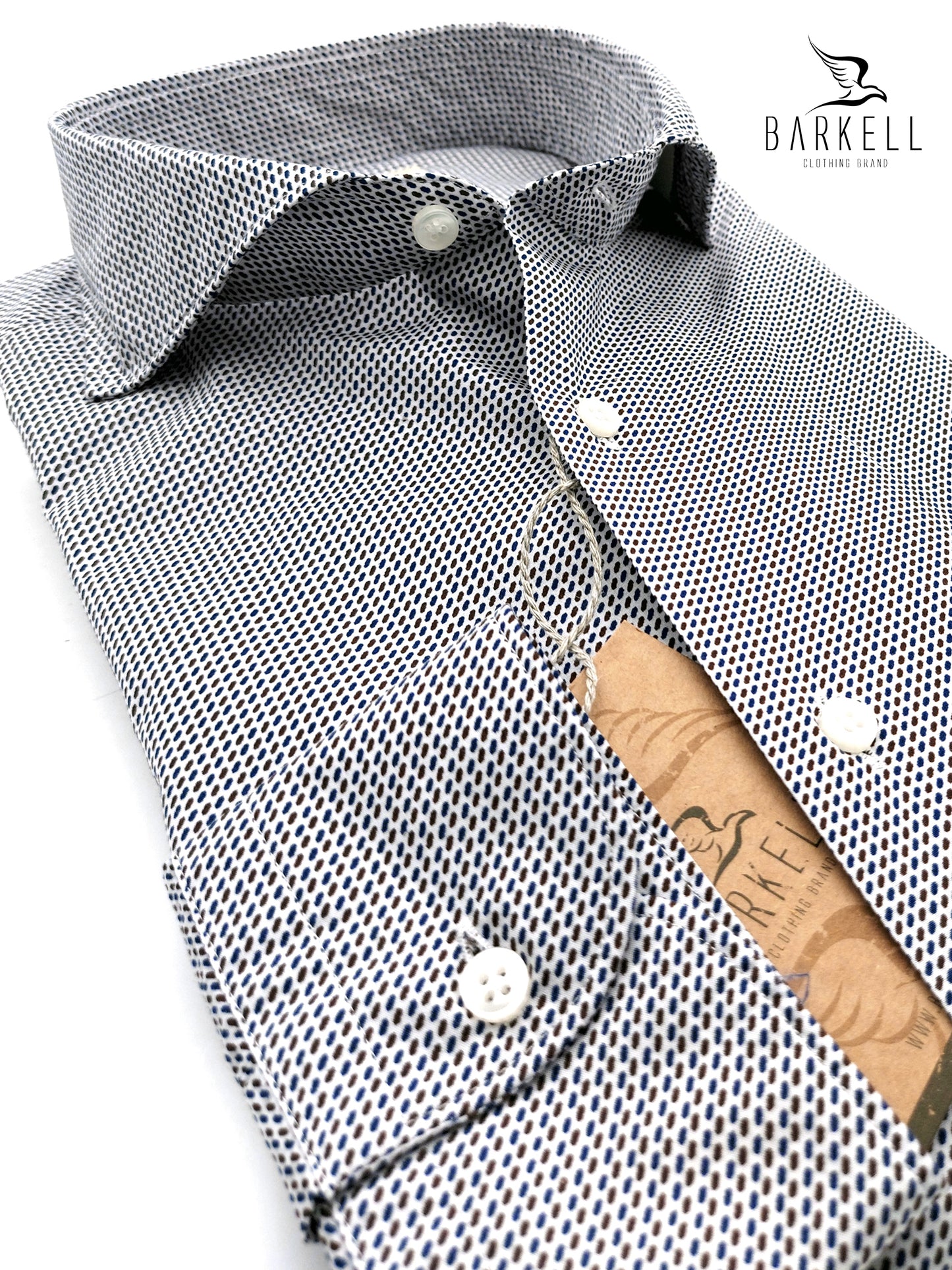 Camicia in Cotone Microfantasia Marrone e Blu Collo Francese Cutaway