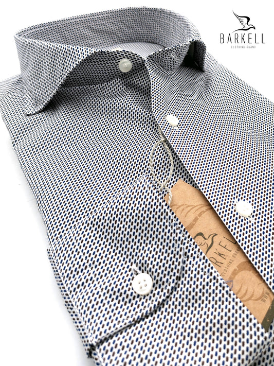 Camicia in Cotone Microfantasia Marrone e Blu Collo Francese Cutaway