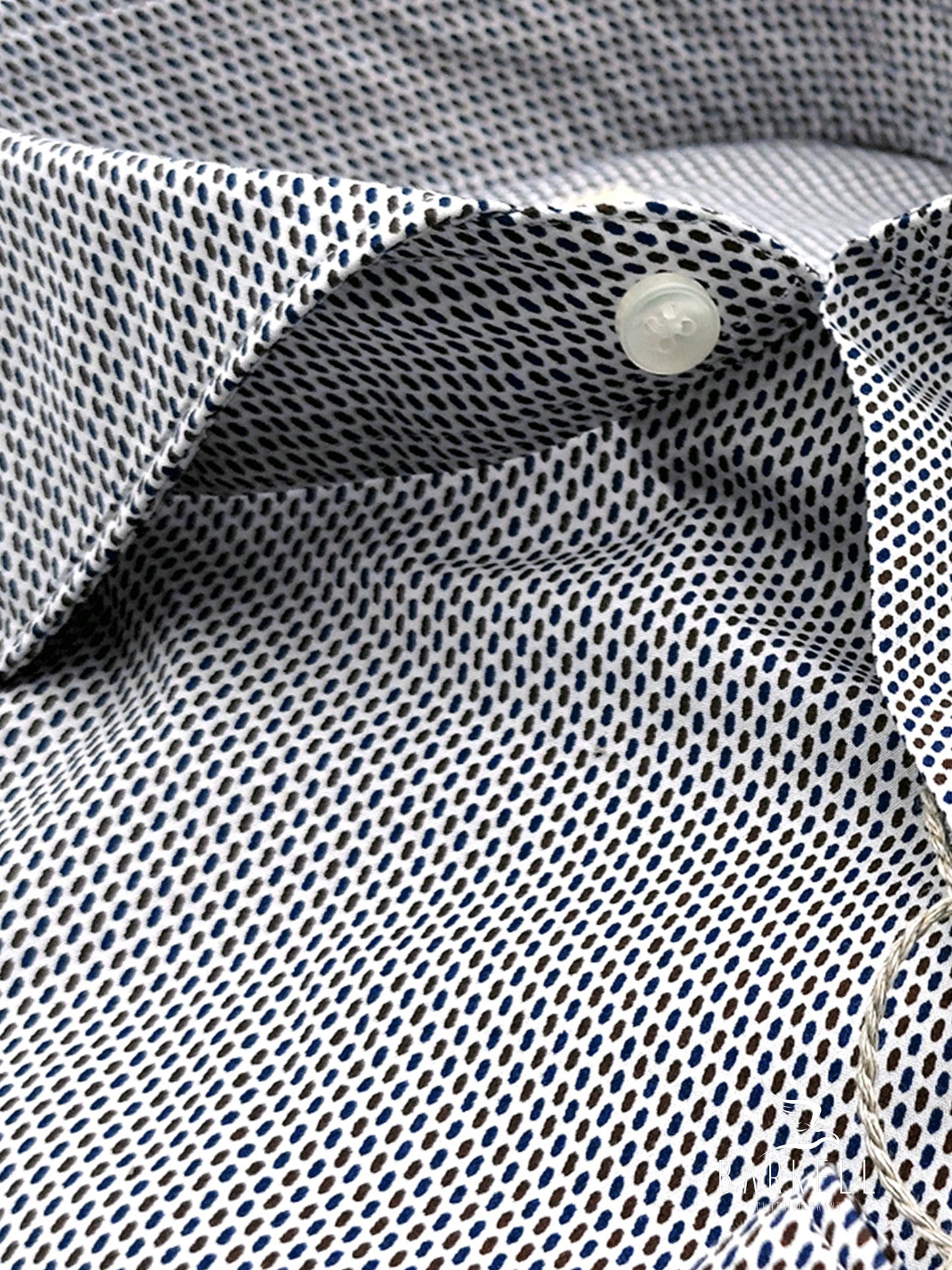 Camicia in Cotone Microfantasia Marrone e Blu Collo Francese Cutaway