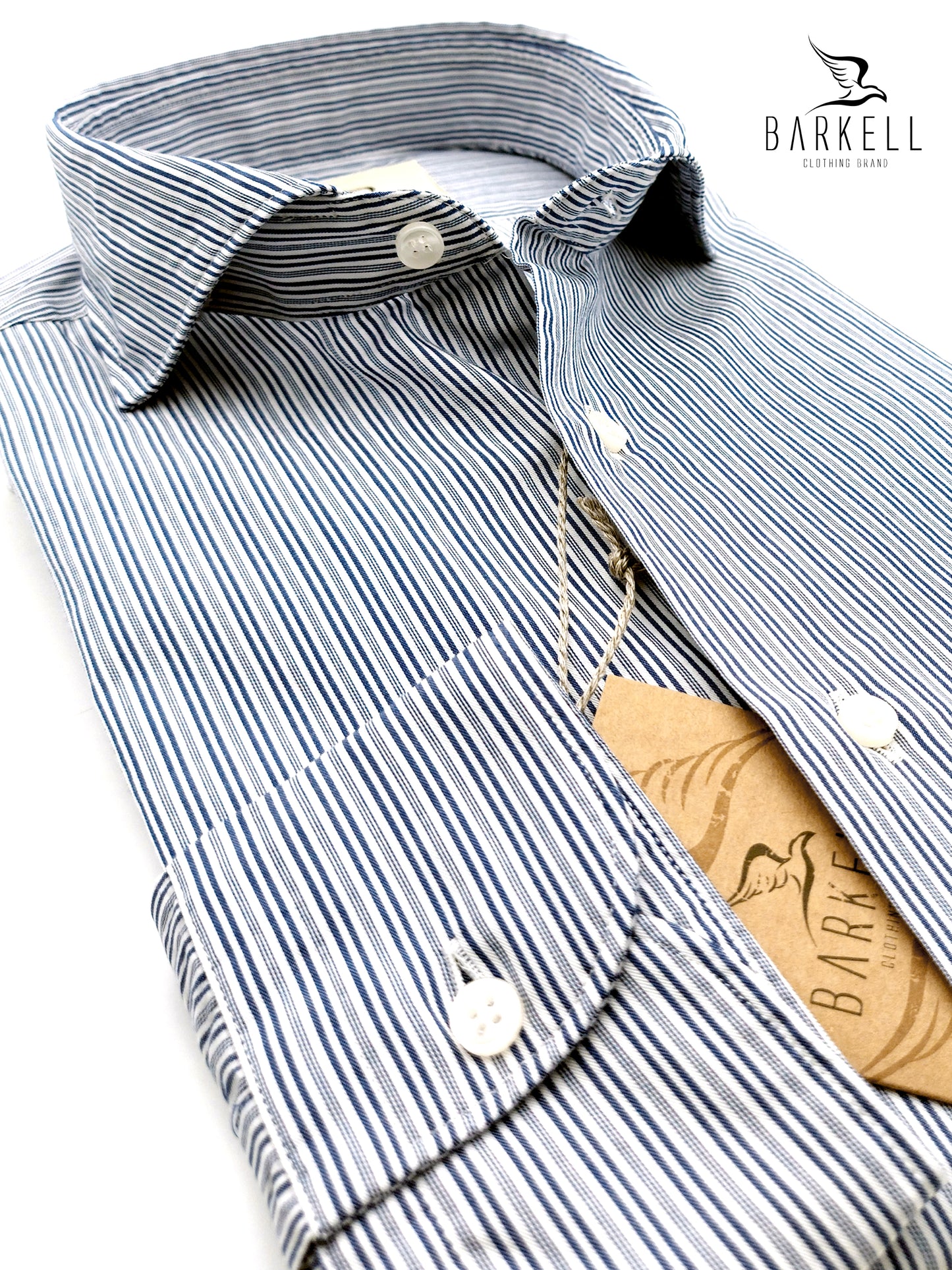 Camicia in Cotone Rigata Blu e Bianco Collo Francese Cutaway