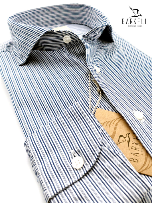 Camicia in Cotone Rigata Blu e Bianco Collo Francese Cutaway
