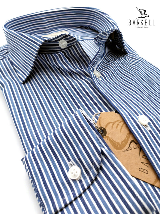 Camicia in Cotone Rigata Blu e Avio Fondo Bianco Collo Francese