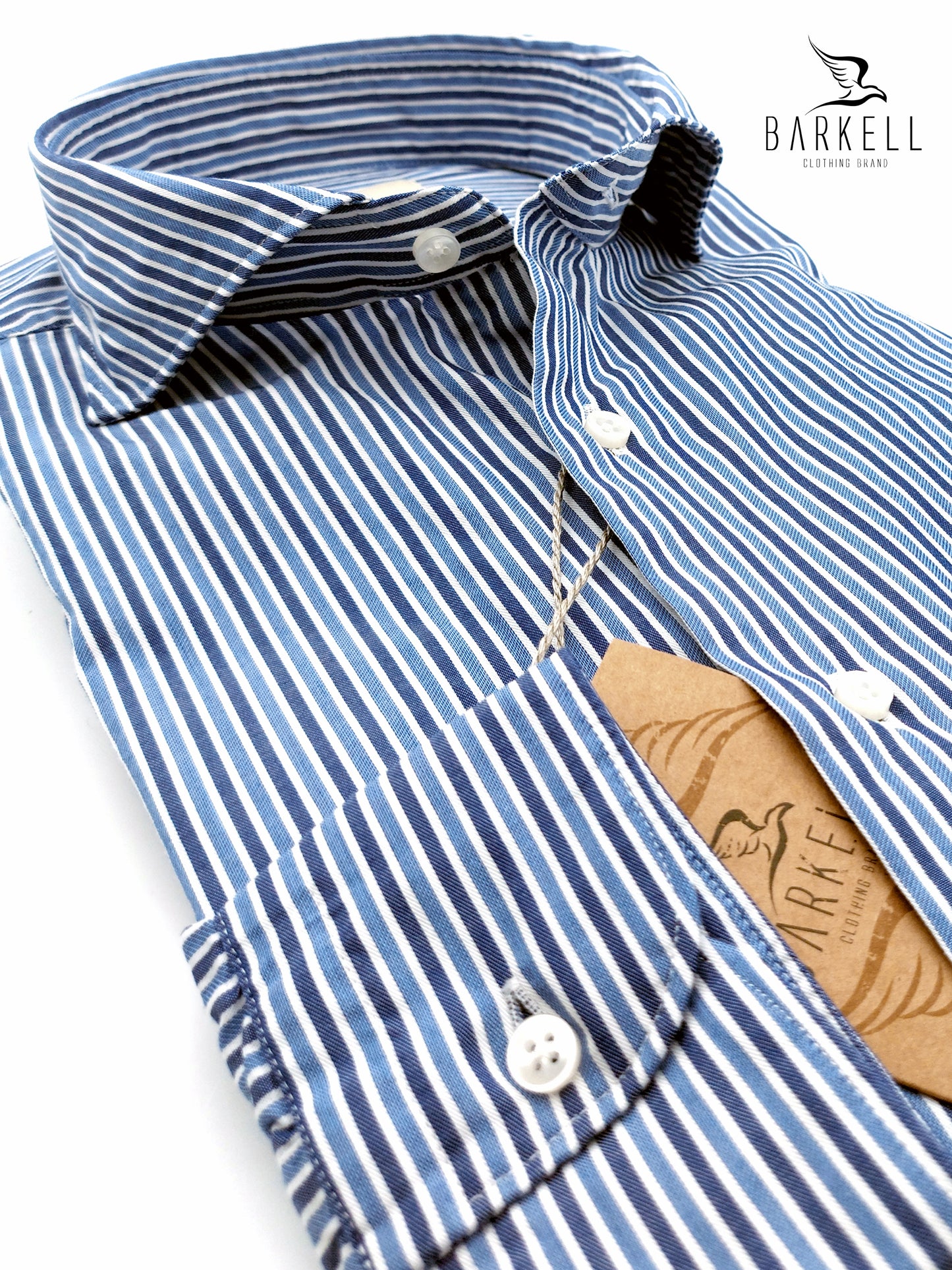 Camicia in Cotone Rigata Blu e Celeste Collo Francese Cutaway